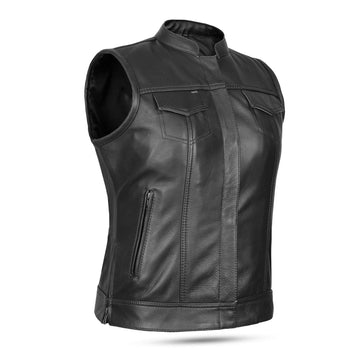 SOA-style women's leather motorcycle vest with zip pockets